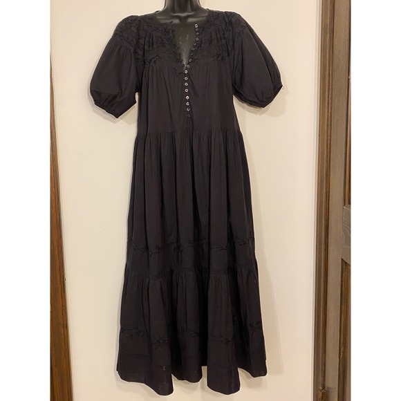 The Great Dresses & Skirts - The GREAT. Black Cotton Embroidered Tiered Maxi Dress Puff Sleeve Boho Size 1 Sm